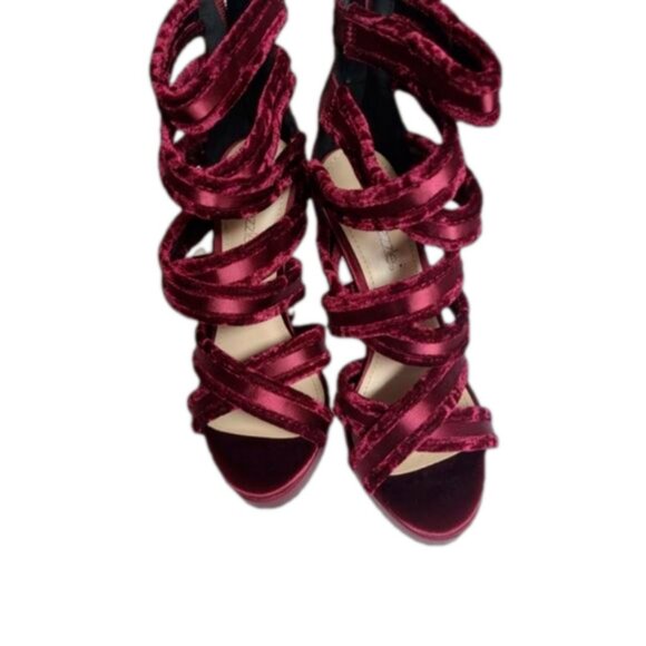 Festive Burgundy Strappy Suede Velvet Platform Stiletto Heels JustFab - Picture 2 of 11